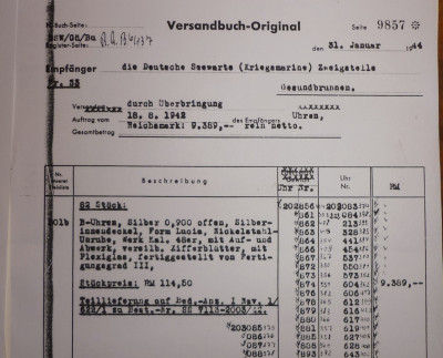 Kopie van het Lange &amp; Söhne versandbuch,hoort bij certificaat,de koper van de uurwerken is de Deutsche Seewarte die de schepen van de marine voorzag van o.a. uurwerken.