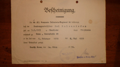 Bescheinigung Wehrpflicht 6Feb.1939 tot 6Mei 1939