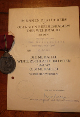 Verleihungsurkunde Winterschlacht im Osten 1941/42