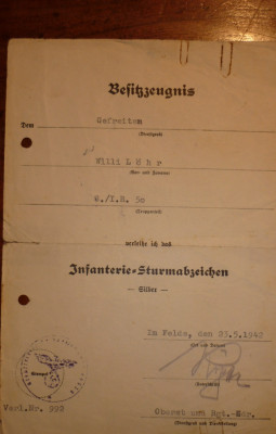 Infanterie Sturmabzeichen inSilber met Handtekening van Kurt Röpke eikenloofdrager bij Ridderkruis.