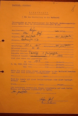 Fragebogen für die Einstellung bei die Waffen SS