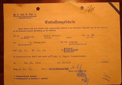 ontslagbewijs van de soldaat uit het Truppenrevier.