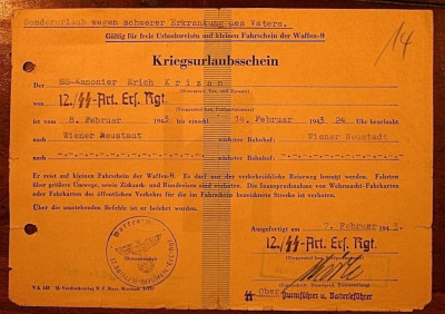 een Kriegsurlaubschein voor een 24 uurs verlof tussen 8 feb.1943 en 14 feb.1943 (Voorzijde)