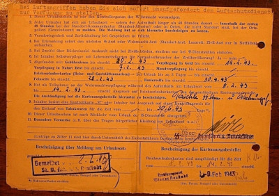 een Kriegsurlaubschein voor een 24 uurs verlof tussen 8 feb.1943 en 14 feb.1943 (Achterzijde)