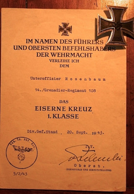 verleihungsurkunde voor het ijzeren kruis 1ste klasse 20-9-1943.