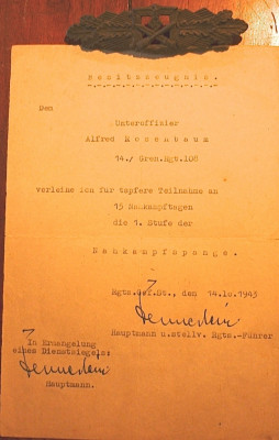 Een bestizzeugnis voor een Nahkampfspange 1ste klasse omdat hij minstens 15 dagen bij nahkampf (close combat) /man tegen man  gevechten betrokken was (14-10-1943)