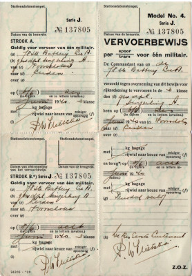 een vervoerbewijs ondertekend door zijn commandant Res. 1e Lt. Vlietstra P.W van de 78e batterij